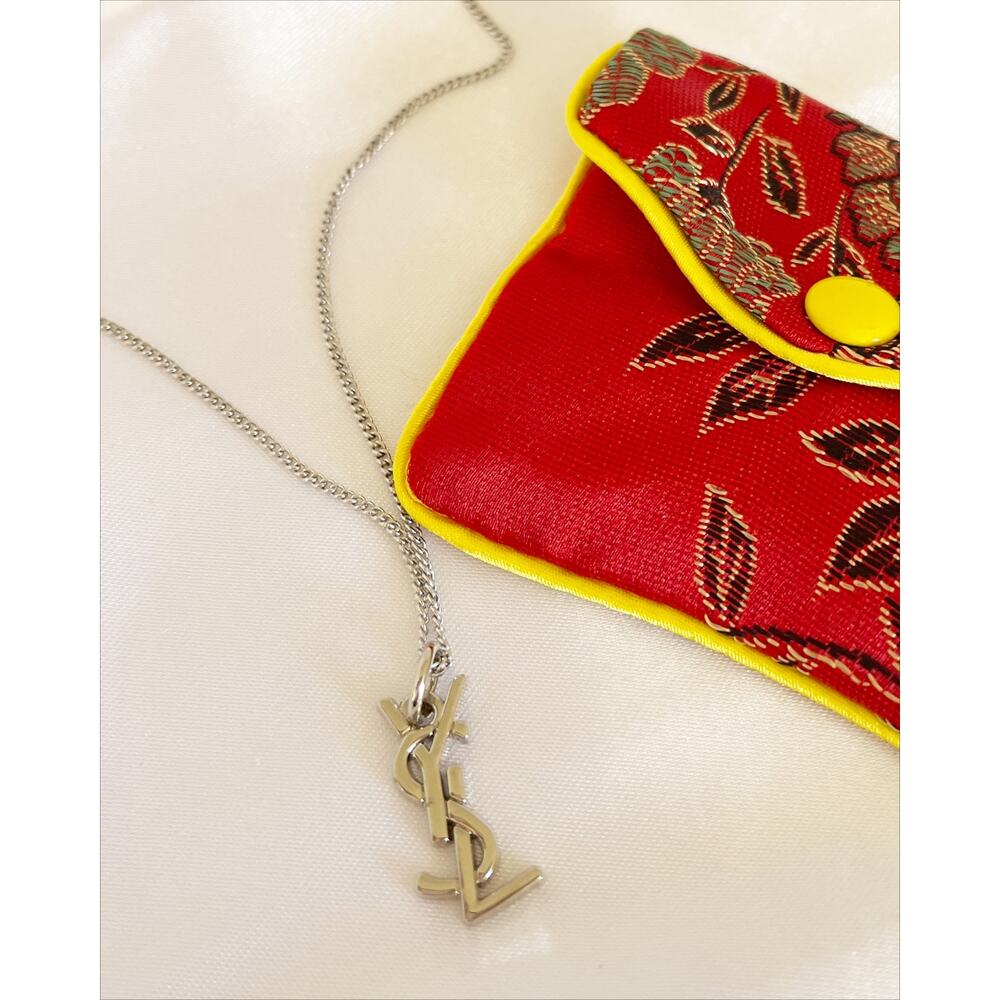 YVES SAINT LAURENT YSL Logo Charm Zipper Pull Pendant Necklace Silver Tone - Picture 10 of 11